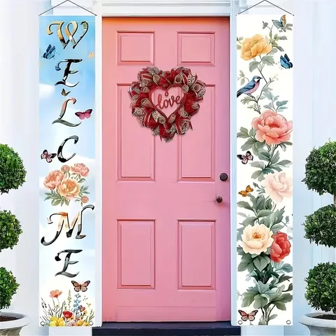 Panneau de Porche de Bienvenue Bannière Fleurs de Printemps Oiseau Drapeau de Jardin Pongee Polyester Décoration Extérieure Bannières