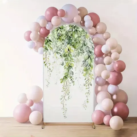 Aquarel Groen Boog Achtergrondhoes Eucalyptus Blad Bos Thema Hoog Elastisch Polyester Bruiloft Verjaardag Feest Decoratie