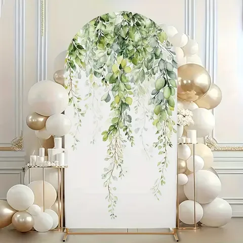 Aquarel Groen Boog Achtergrondhoes Eucalyptus Blad Bos Thema Hoog Elastisch Polyester Bruiloft Verjaardag Feest Decoratie