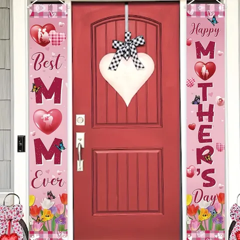 Mother's Day Porch Banner Set Best Mom Ever Happy Mother's Day Tulip Butterfly Pattern Polyester Door Couplet Festive Home Decor Sign