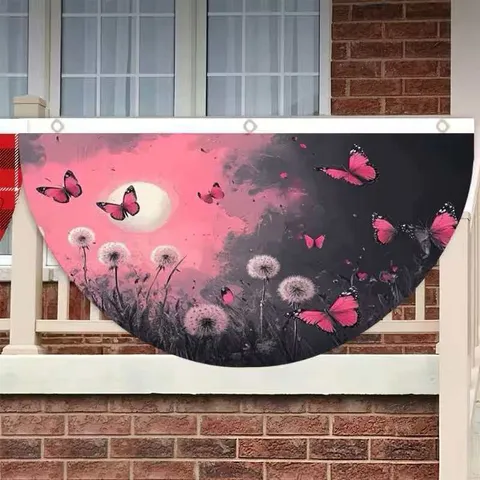 Polyester Butterfly Dandelion Print Fan Shaped Flag Half Round Decorative Bunting For Yard Fence Outdoor Garden Hanging Decoration