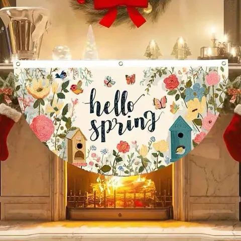 Hello Spring Decorative Fan-Shaped Flag Polyester Floral Butterfly Pattern Outdoor Hanging Banner For Garden Yard Decor