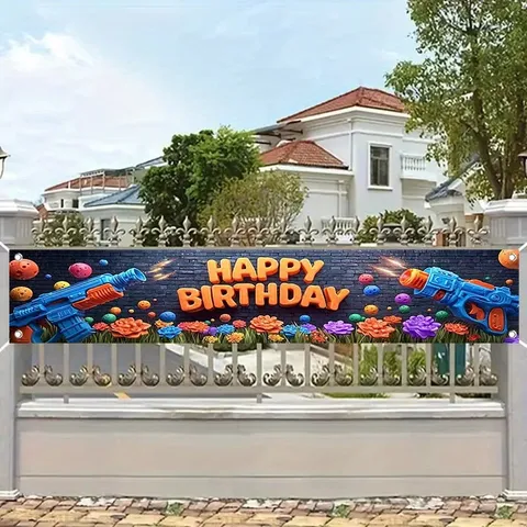 Bannière Joyeux Anniversaire Thème Pistolet à Eau Toile de Fond Décoration de Fête d'Anniversaire pour Enfants en Polyester Imprimé Floral Mur de Briques