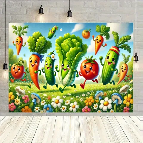 Vegetable Party Theme Photography Background Cloth Cartoon Carrot Tomato Pattern Polyester Tapestry For Kids Party School Decor