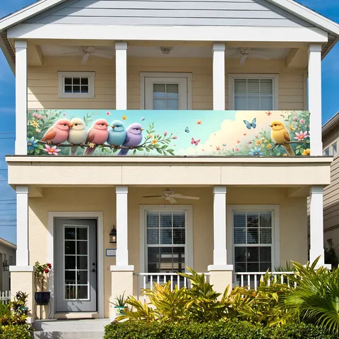 Spring Birds Flowers Garden Banner Outdoor Decoration Polyester Pongee Banner For Yard Fence Balcony Wall Hanging Decor
