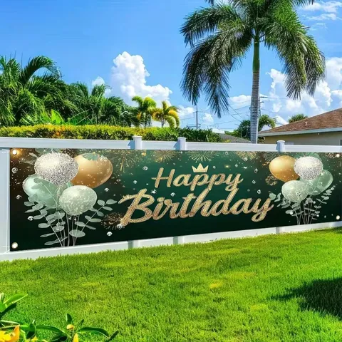 Dark Green Gold Birthday Banner Backdrop Polyester Fabric Happy Birthday Party Decoration Balloons Fireworks Pattern Wall Hanging