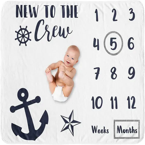 Nautical Baby Milestone Blanket Newborn Monthly Growth Tracker Polyester Cartoon Anchor Whale Prop For Photography Boys Girls