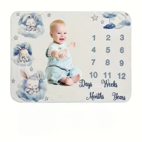 Baby Milestone Blanket Newborn Monthly Growth Tracker Cute Rabbit Theme Soft Polyester Photography Prop Memorial Blanket