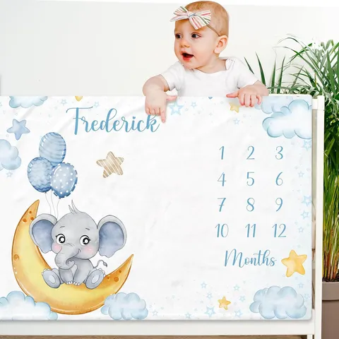 Polyester Baby Milestone Blanket Watercolor Elephant Moon Stars Balloon Pattern Infant Growth Commemorative Soft Blanket for Photography Prop Kids