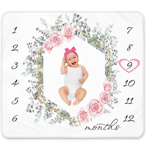 Baby Monthly Milestone Blanket For Newborn Photography Background Props Peach Skin Fabric Floral Growth Recording Blanket