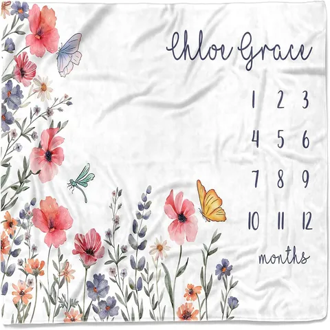 Watercolour Floral Milestone Baby Blanket Soft Polyester Peach Skin Growth Chart Monthly Recording Blanket Photography Prop For Newborn