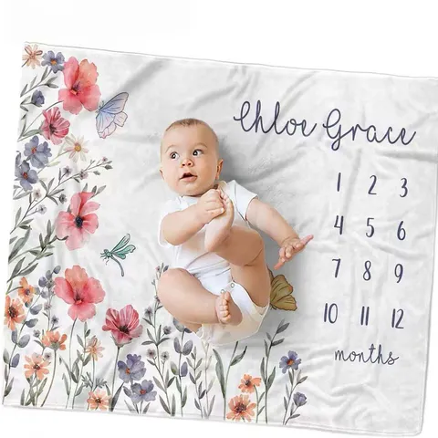 Watercolour Floral Milestone Baby Blanket Soft Polyester Peach Skin Growth Chart Monthly Recording Blanket Photography Prop For Newborn