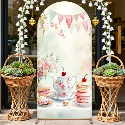 Watercolor Tea Party Theme Arch Backdrop Cover For Girls Afternoon Tea Party Decoration Macaron Teapot Floral Polyester Backdrop