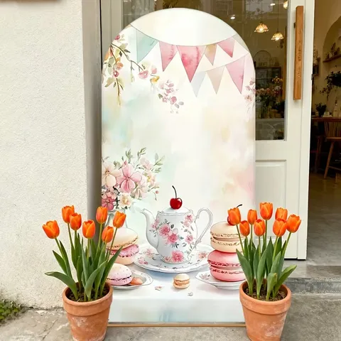 Watercolor Tea Party Theme Arch Backdrop Cover For Girls Afternoon Tea Party Decoration Macaron Teapot Floral Polyester Backdrop