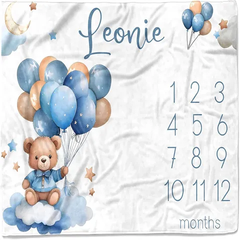 Baby Monthly Milestone Blanket Newborn Photography Backdrop Prop Polyester Peach Skin Bear Balloon Pattern Soft Background