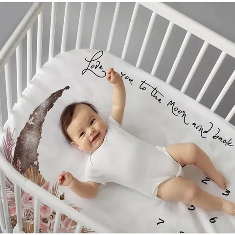 Baby Girl Milestone Blanket Monthly Growth Photography Prop Pink Moon Floral Boho Design Soft Peach Skin Fabric Newborn Swaddle Blanket