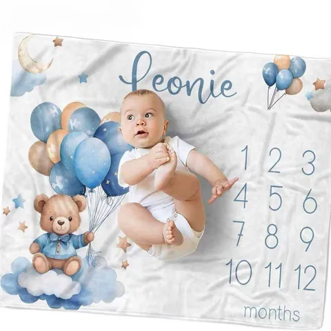 Baby Monthly Milestone Blanket Newborn Photography Backdrop Prop Polyester Peach Skin Bear Balloon Pattern Soft Background