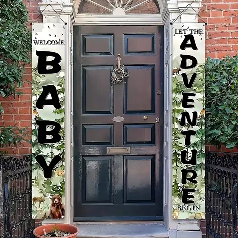 Jungle Adventure Baby Shower Porch Banner Animal Pine Forest Decorative Door Hanging Couplet For Welcome Baby Party Decoration