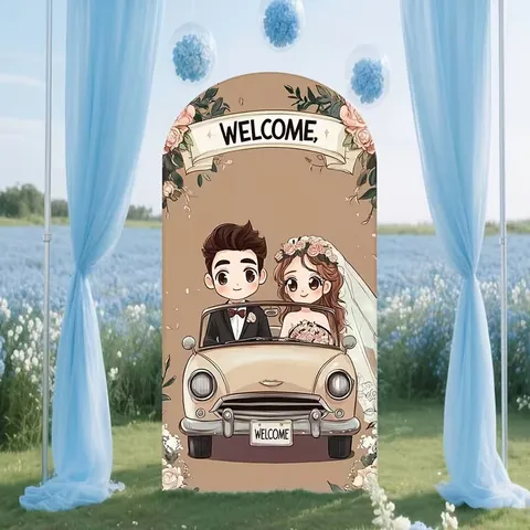 Cartoon Wedding Car Arched Backdrop Cover Polyester Printed Welcome Arch Decoration For Outdoor Wedding Reception Party Venue Decor
