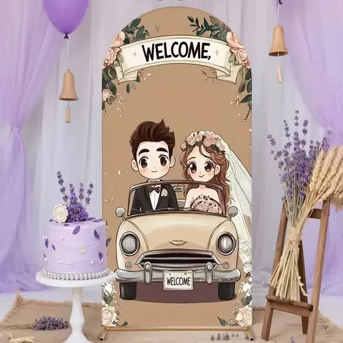 Cartoon Wedding Car Arched Backdrop Cover Polyester Printed Welcome Arch Decoration For Outdoor Wedding Reception Party Venue Decor