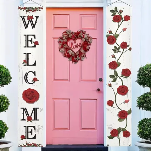 Vintage Red Rose Welcome Porch Banner Set Floral Welcome Sign For Front Door Pastoral Style Polyester Hanging Flag Decor