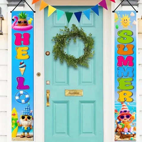 Hello Summer Porch Banner Set Beach Gnomes Flamingo Pineapple Printed Polyester Door Couplet For Home Party Wall Decor