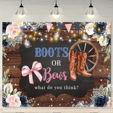 Sfondo per Rivelazione di Genere Tema Cowboy Occidentale Stivali o Fiocchi Poliestere Sfondo Fotografico per Decorazione Festa Baby Shower