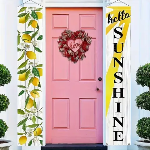 Summer Lemon Theme Porch Banner Hello Sunshine Decorative Hanging Flag For Entryway Yard Garden Party Outdoor Decor