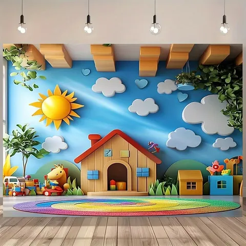 Cartoon Cabin Sun Cloud Rainbow Pattern Tapestry Pongee Polyester Photography Backdrop Kids Room Wall Hanging Decor