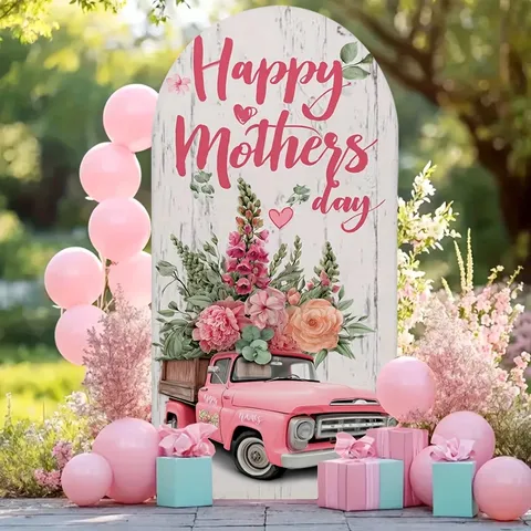 Mother's Day Arched Backdrop Cover Retro Pink Flower Truck Wood Grain Pattern Polyester Fabric Arch Decoration Party Photography Background