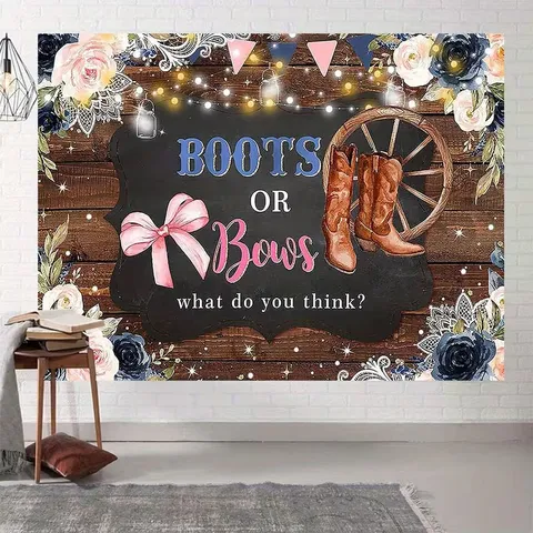 Sfondo per Rivelazione di Genere Tema Cowboy Occidentale Stivali o Fiocchi Poliestere Sfondo Fotografico per Decorazione Festa Baby Shower