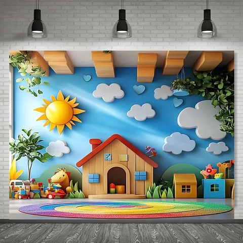 Cartoon Cabin Sun Cloud Rainbow Pattern Tapestry Pongee Polyester Photography Backdrop Kids Room Wall Hanging Decor