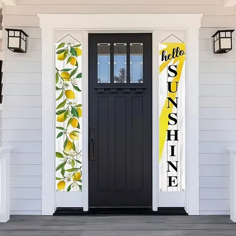 Summer Lemon Theme Porch Banner Hello Sunshine Decorative Hanging Flag For Entryway Yard Garden Party Outdoor Decor