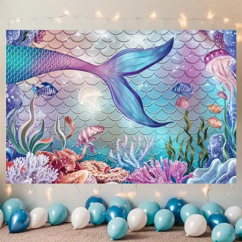 Sfondo Fotografico di Compleanno a Tema Mondo Marino della Sirena Arazzo Sottomarino per Decorazione Feste Bambini