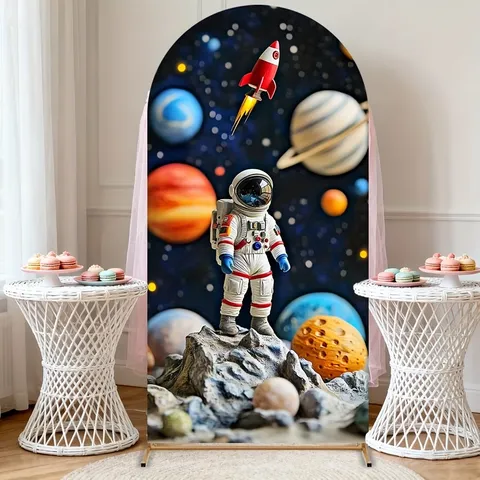 Astronaut Ruimte Thema Boog Achtergrond Cover Polyester Raket Planeet Universum Sterrennacht Kinderen Verjaardagsfeest Decoratie