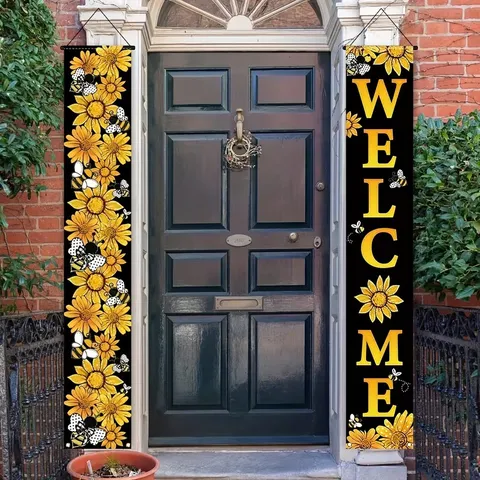 Zonnebloem Bij Thema Welkom Veranda Banner Lente Pastorale Stijl Deur Ophangen Bord Outdoor Indoor Polyester Decoratieve Couplet Set