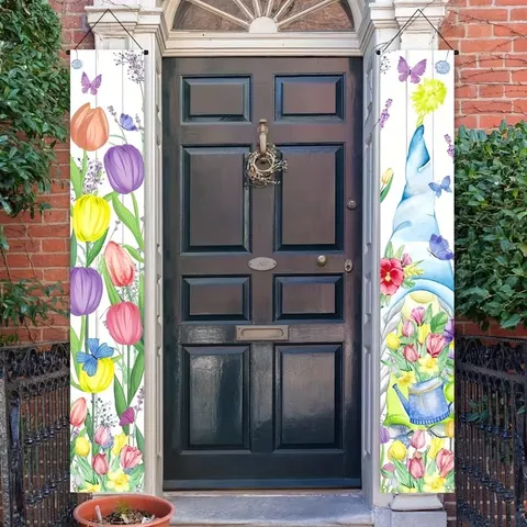 Ensemble de Bannières de Porche Tulipes de Printemps Aquarelle Florale Nain de Jardin Drapeau Suspendu Décoratif pour Maison