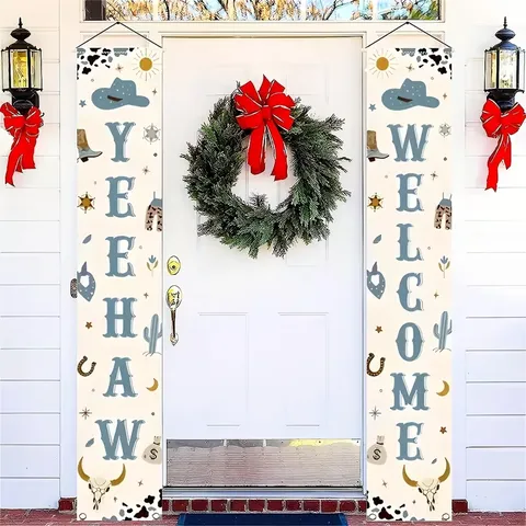 Set di Banner per Portico a Tema Cowboy Occidentale Welcome Yeehaw Insegne per Porte per Feste per Bambini Decorazioni per la Casa Bandiere Decorative in Poliestere