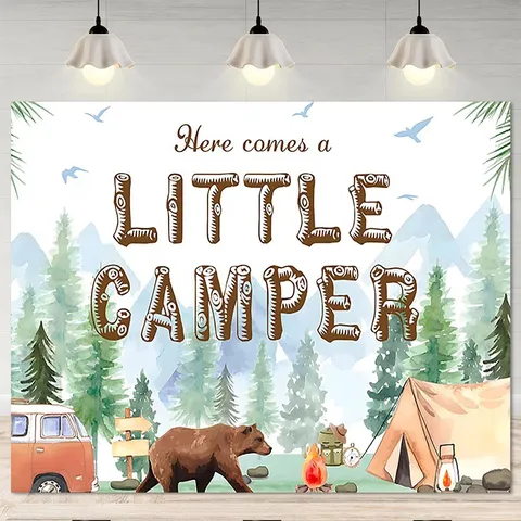 Forest Adventure Photography Backdrop Little Camper Bear Theme Party Decoration Polyester Wall Hanging Tapestry For Kids Birthday