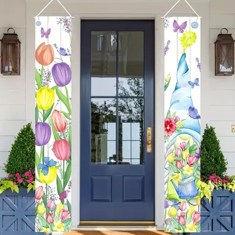 Ensemble de Bannières de Porche Tulipes de Printemps Aquarelle Florale Nain de Jardin Drapeau Suspendu Décoratif pour Maison