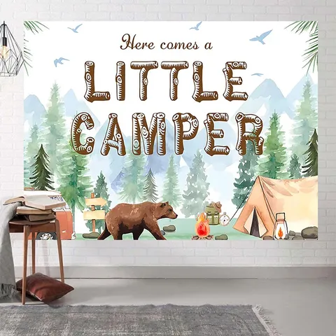 Forest Adventure Photography Backdrop Little Camper Bear Theme Party Decoration Polyester Wall Hanging Tapestry For Kids Birthday