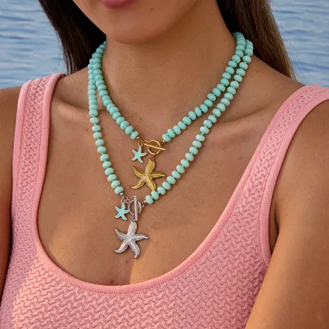 Ozean-Stil Minzgrün Harz Perlenkette Damen Edelstahl Seestern Anhänger 18K Vergoldet OT-Schnalle Schmuck