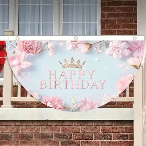Pink Floral Crown Theme Happy Birthday Decoration Fan-Shaped Flag Polyester Hanging Banner For Kids Birthday Party Indoor Outdoor Decor