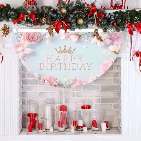 Pink Floral Crown Theme Happy Birthday Decoration Fan-Shaped Flag Polyester Hanging Banner For Kids Birthday Party Indoor Outdoor Decor