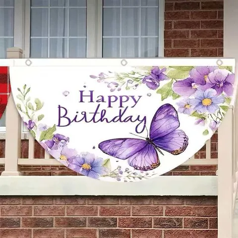 Pancarta de Cumpleaños Mariposa Púrpura Floral Poliéster Bandera Colgante en Forma de Abanico para Decoración de Fiesta de Cumpleaños
