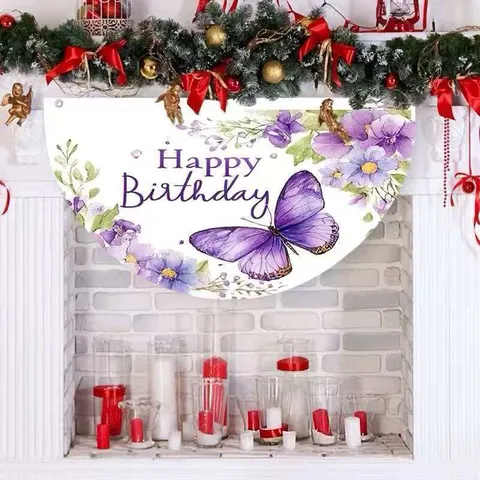 Pancarta de Cumpleaños Mariposa Púrpura Floral Poliéster Bandera Colgante en Forma de Abanico para Decoración de Fiesta de Cumpleaños