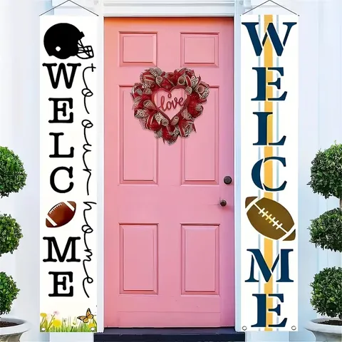 Football Porch Banner Set Welcome To Our Home Sports Party Decorations American Football Helmet Print Vertical Hanging Signs For Outdoor Front Door Home Decor