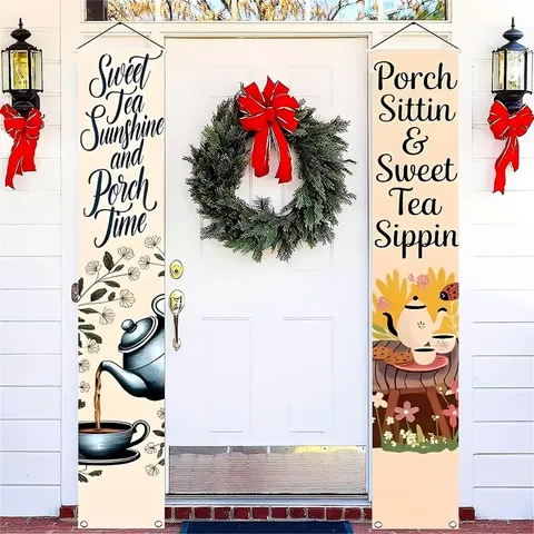 Vintage British Tea Time Porch Banner Teapot Floral Print Polyester Hanging Flag Porch Time Welcome Banner Home Party Decoration Couplet