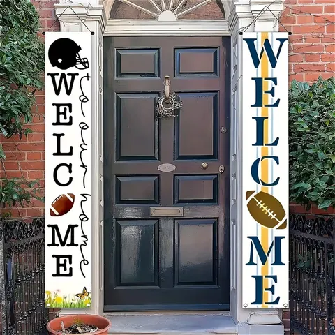 Football Porch Banner Set Welcome To Our Home Sports Party Decorations American Football Helmet Print Vertical Hanging Signs For Outdoor Front Door Home Decor