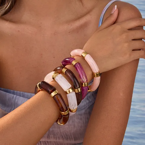 Bracelet Ouvert en Acrylique Marbré Vintage en Acier Inoxydable Épissage Anneau d'Or Résine Luxe Léger Jonc Réglable Bijoux Femme